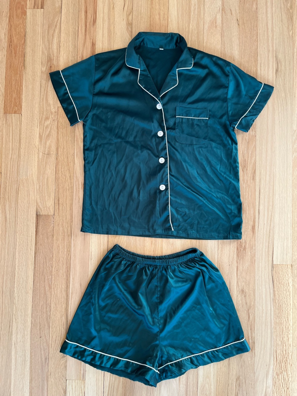 Silky Dark Teal Short-Sleeve Pajama Set with Contrast Piping